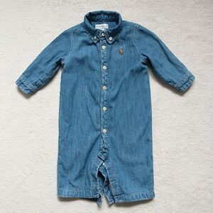 Ralph Lauren Romper Jumpsuit Baby Boy 0-3M Blue Collar Denim Flesh Pony Lined